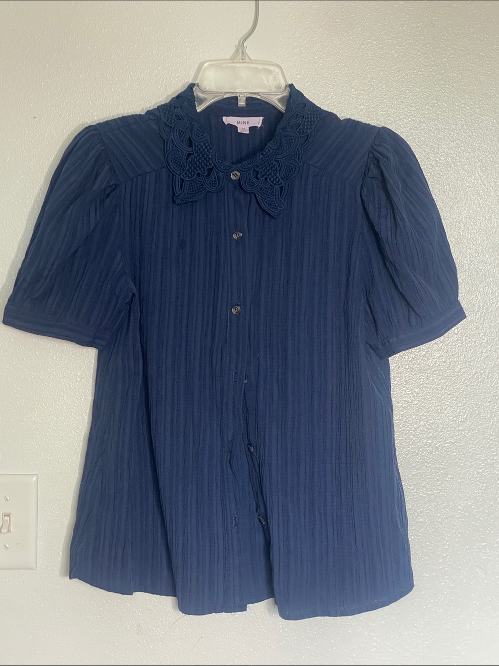 MINE Navy Crochet-Trim Button Down Top